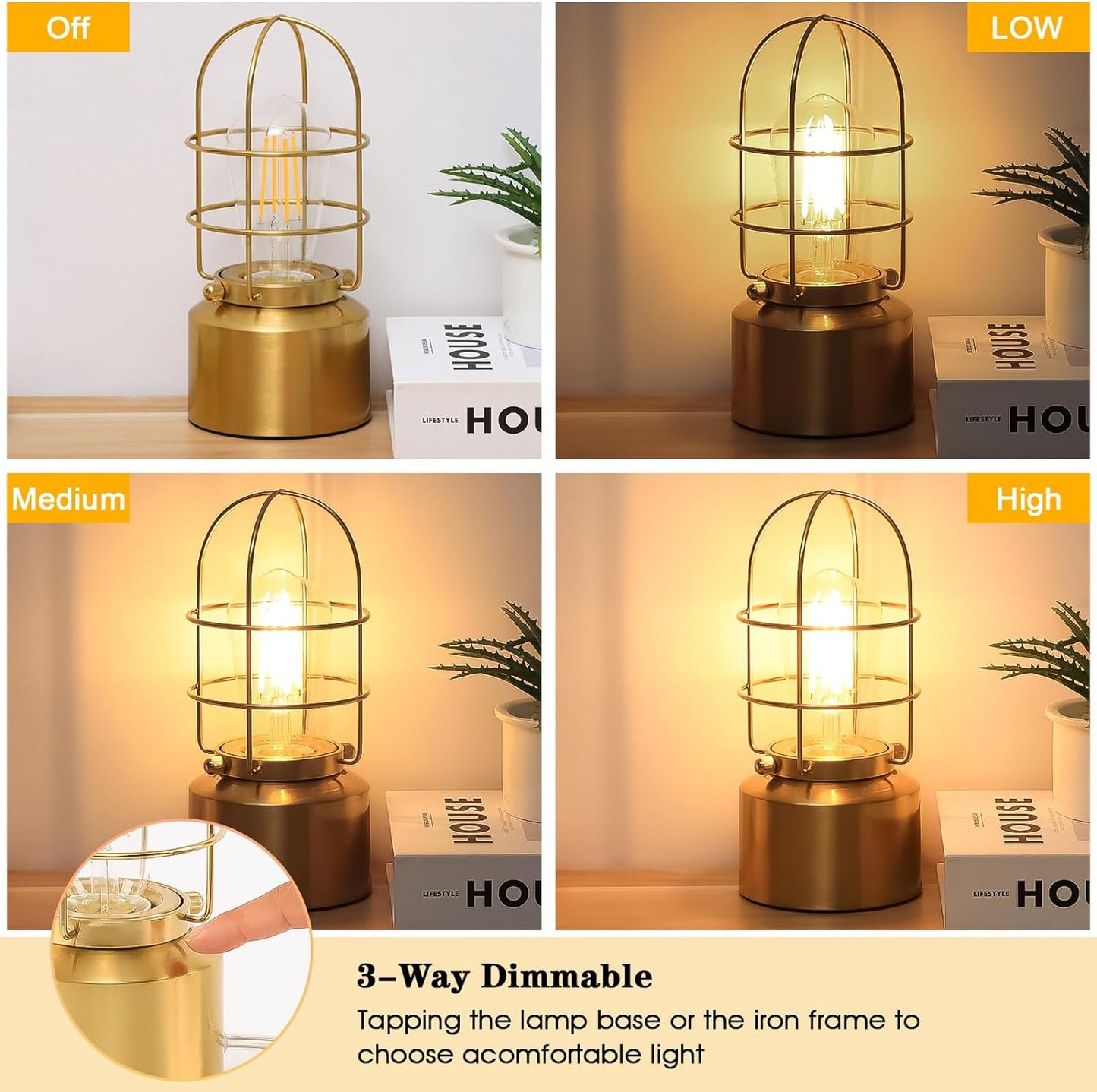 Small Touch Gold Table Lamp for Small Spaces - 3 Way Dimmable Industrial Bedside Lamp - Steampunk Antique Nightstand Desk for Bedroom, Living Room (Bulb Included)